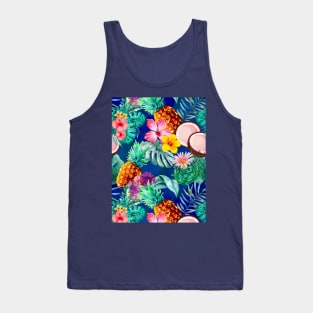 tropical pineapple exotic botanical illustration with floral tropical fruits,botanical pattern, blue fruit pattern over a Tank Top